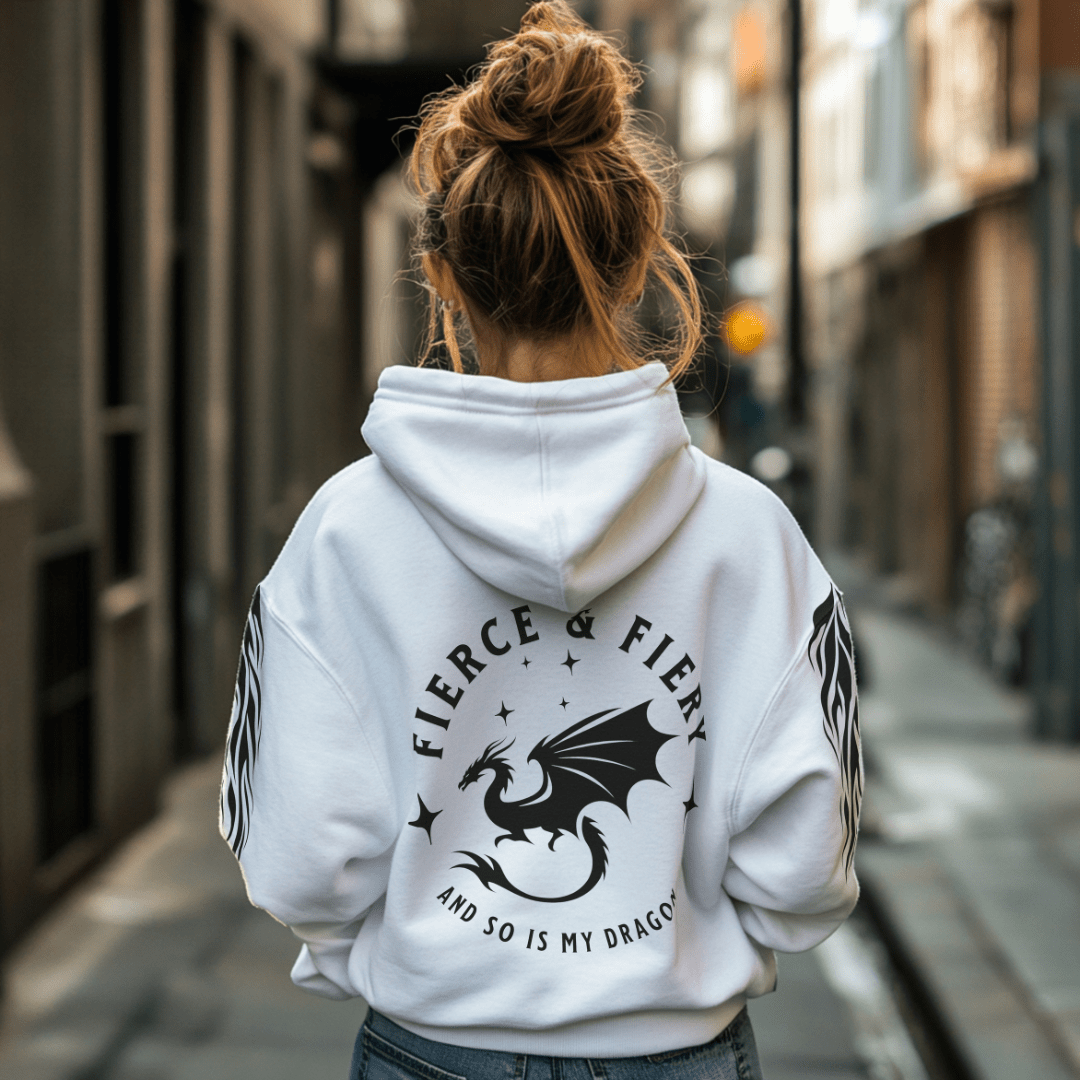 Fierce & Fiery Premium Hoodie - Dark Hued Font/Logo - Milady's Mythical Market