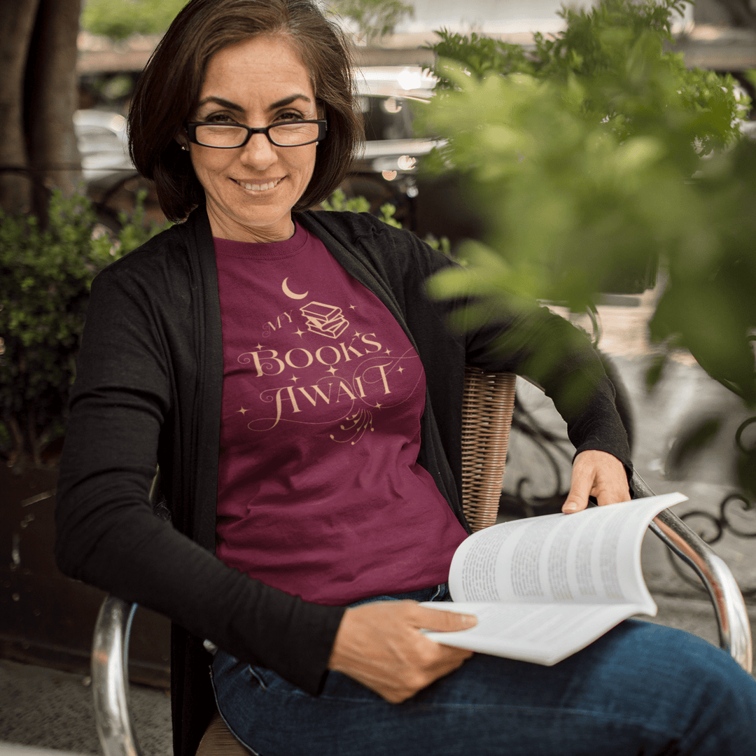 My Books Await Short Sleeve T-Shirt - Read Til Dawn