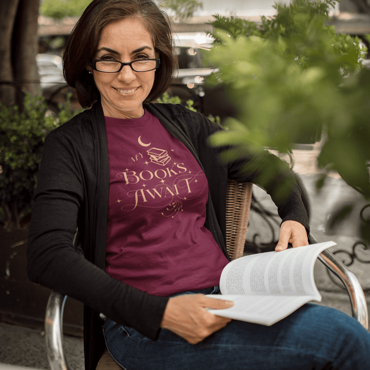 My Books Await Short Sleeve T-Shirt - Read Til Dawn